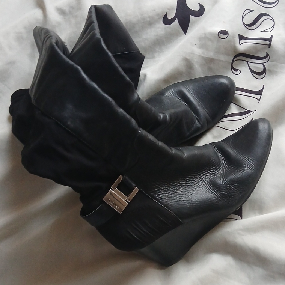 Black Wedge Below The Knee Boots with Decorative Buckle Size 8